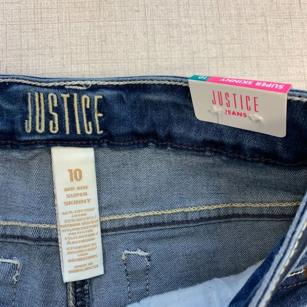 Justice Jeans Mid Rise Super Skinny Girls Youth 10 Distressed Stretch Denim